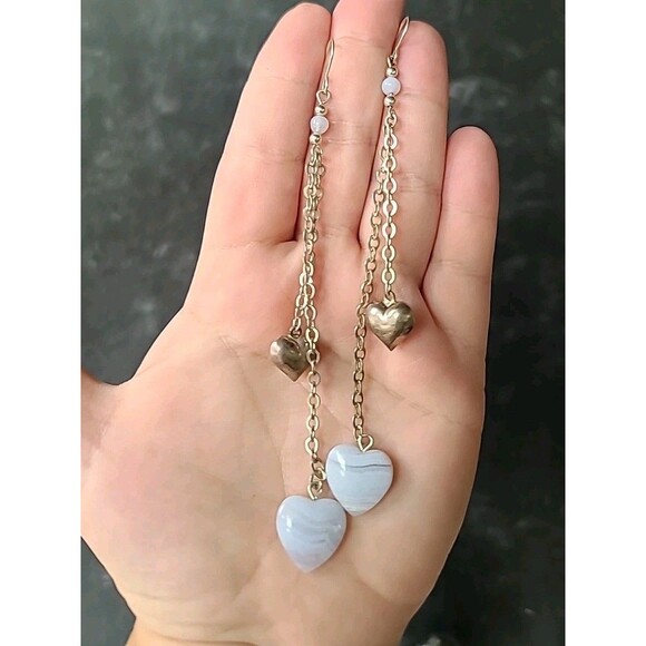 925 Sterling Silver Beaded Heart Lace Agate Dangling Pierced Earrings Vintage - Picture 1 of 10